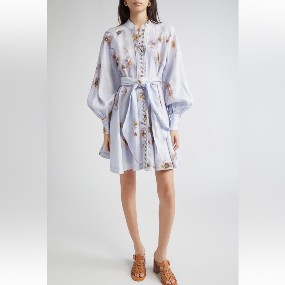 Final Zimmermann Hypnotic Long Sleeve Belted Linen Minidress Lilac Poppy Various